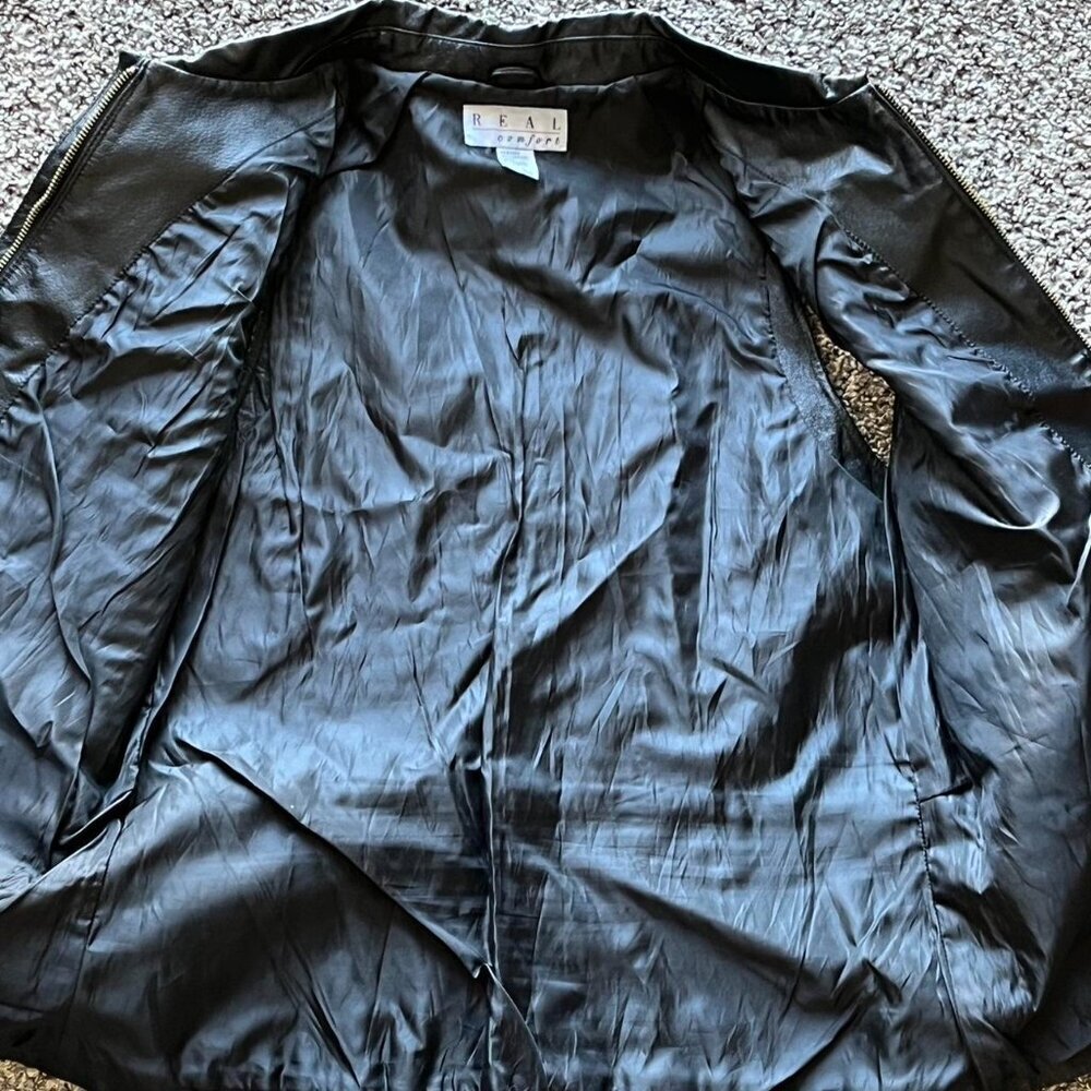 Vintage 90s Real Comfort Black 100% Genuine Leather Jacket Wmn L Moto Biker Punk - Picture 3 of 6